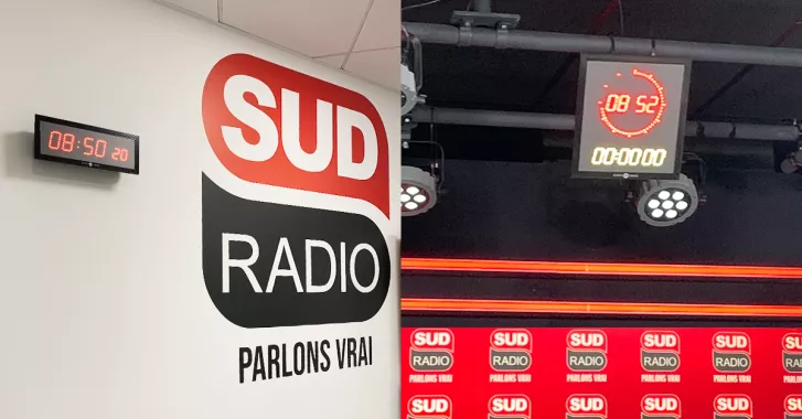 Titre Sud Radio choisit les horloges digitales Gorgy Time pour ses studios
